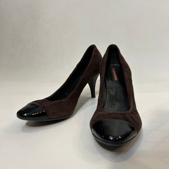 Womens Prada Brown Black Suede Patent Leather Capped Toe Heels Pumps 38.5 US/8.5 - Picture 1 of 16